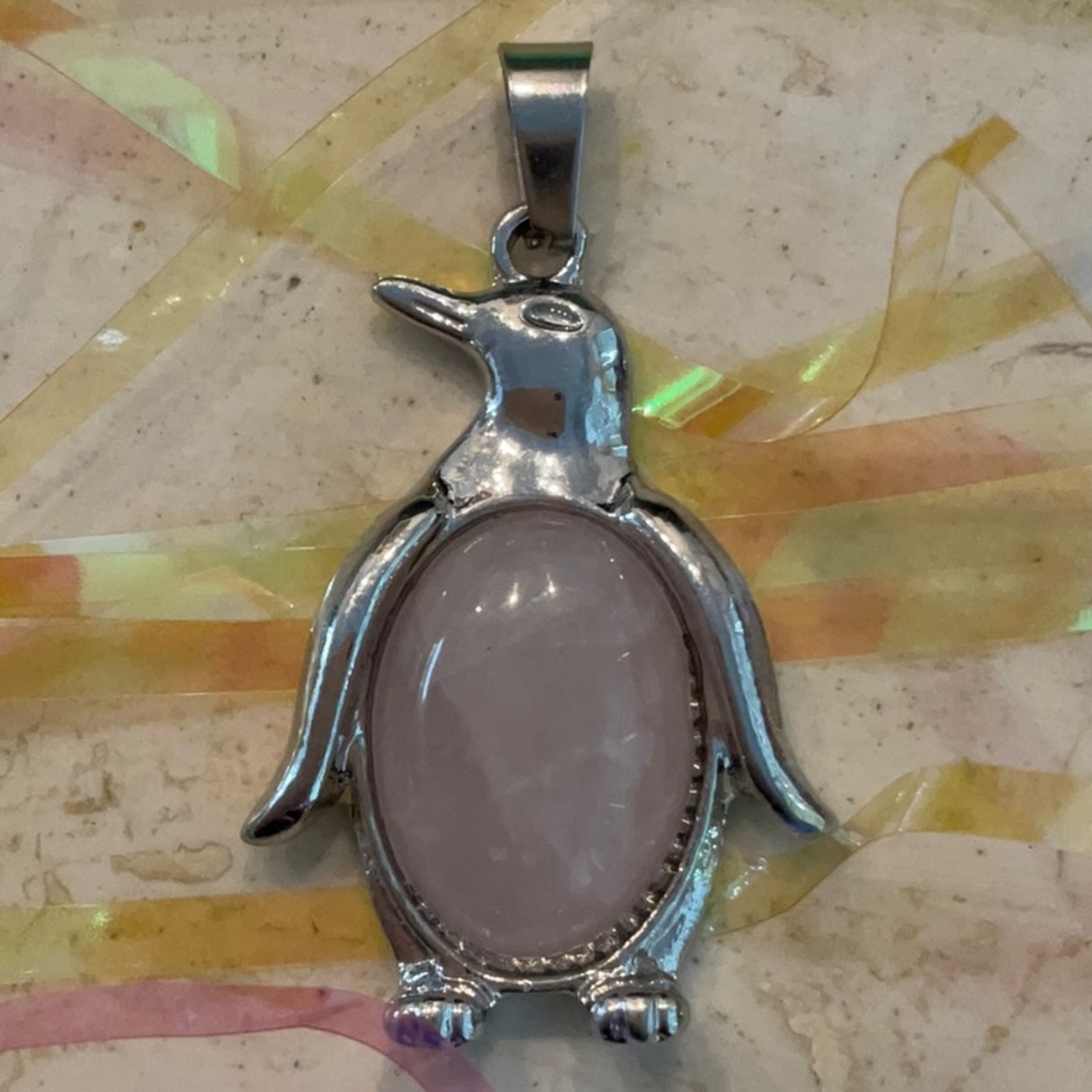 Penguin Charm Pink Quartz Pendant For Necklace Silver Tone